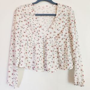 ROMWE V Neck Ditsy Floral Ruffle Blouse
